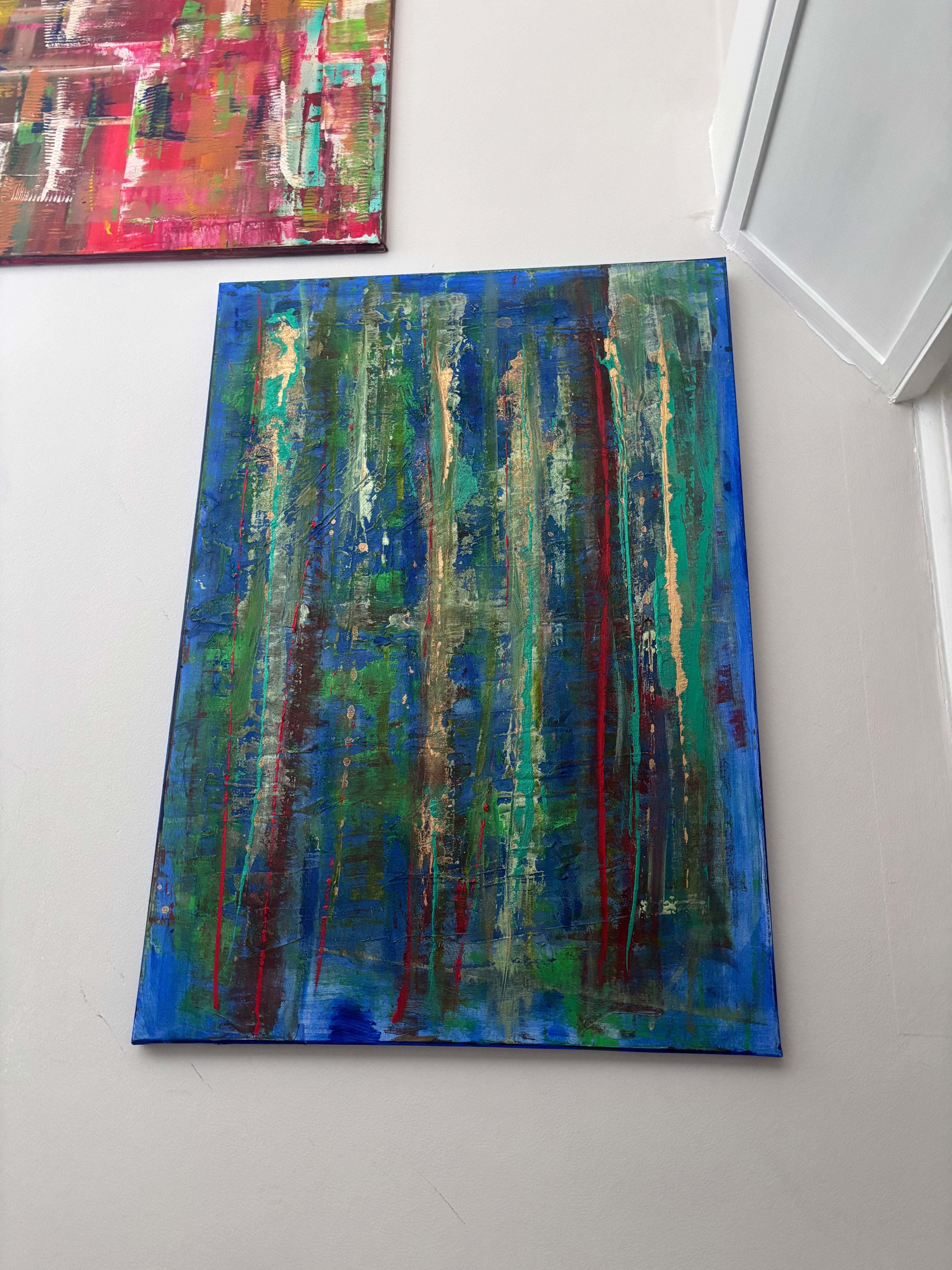 Emerald Blue Abstract Mixed Media A1 sized box canvas original art piece