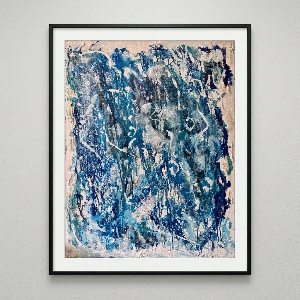 Large navy and teal abstract flow art mixed media painting A1