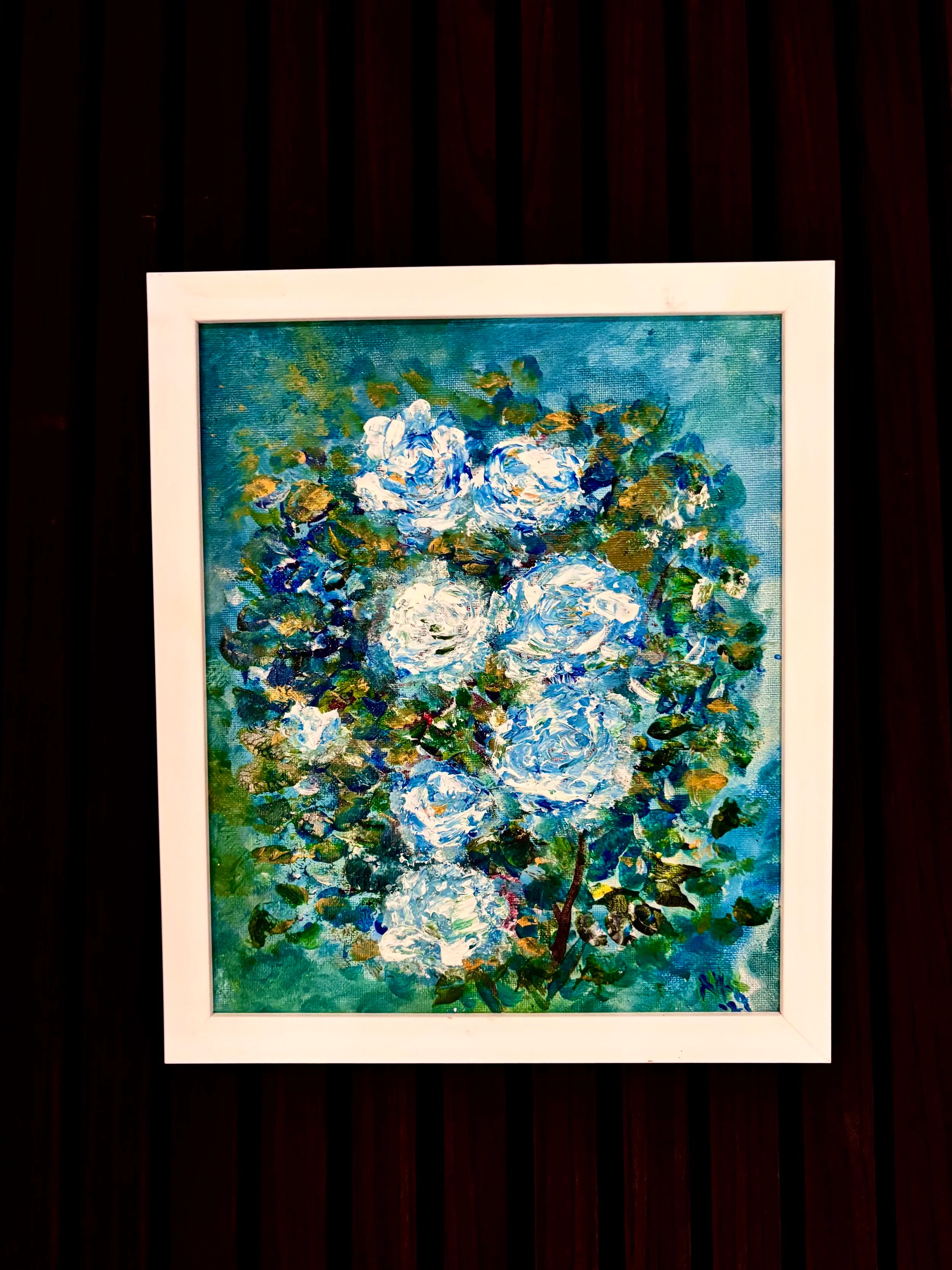 White roses original acrylic impasto painting in white frame