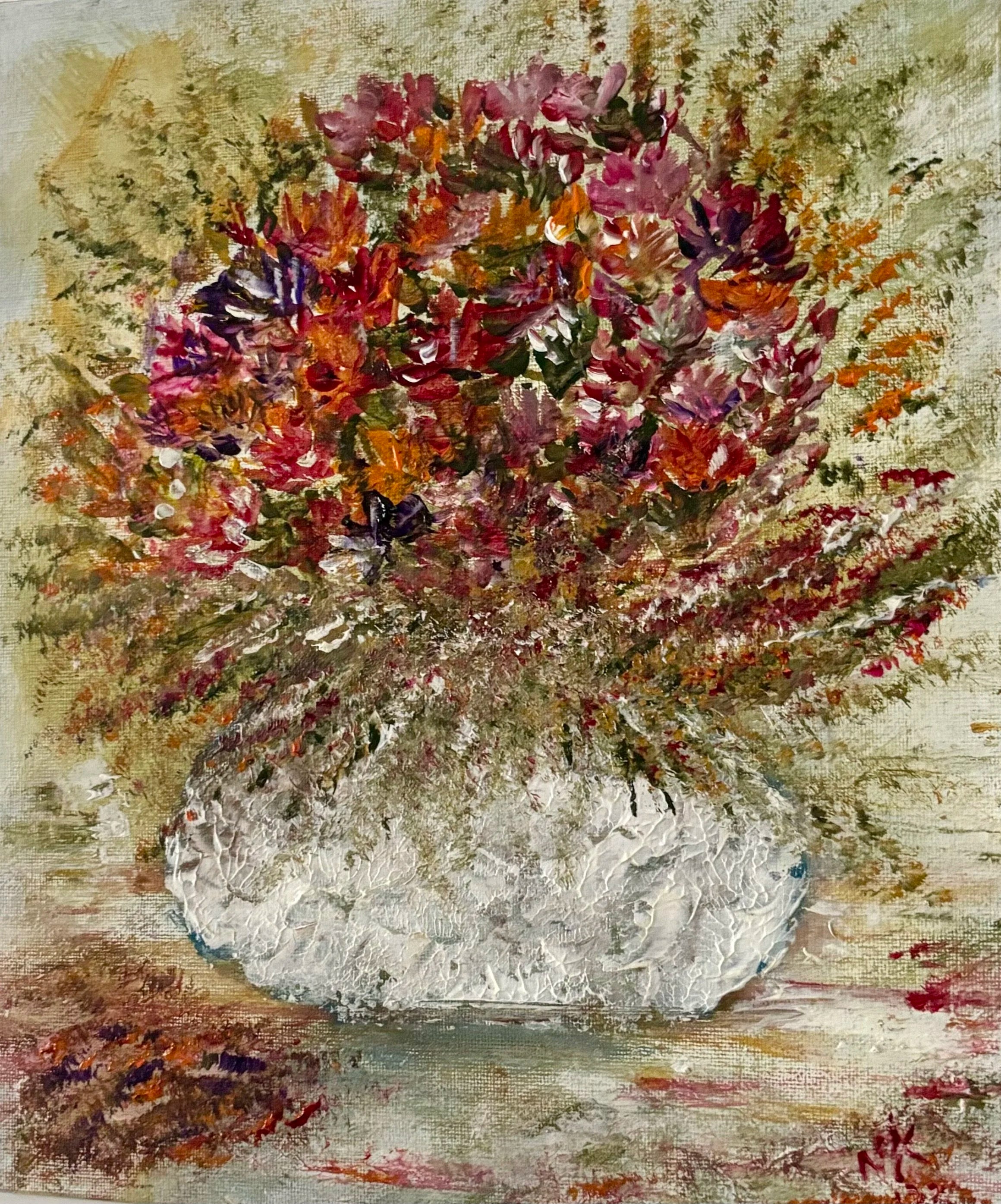 Wild flower bouquet in white vase original acrylic impasto painting